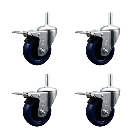 Service Caster 4 Inch Solid Polyurethane Swivel 34 Inch Threaded Stem Caster Set with Total Lock Brake SCC-TSTTL20S414-SPUS-34212-4